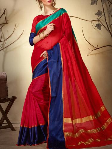 red cotton silk bordered saree with blouse - 15113985 - Very Small Image - 1