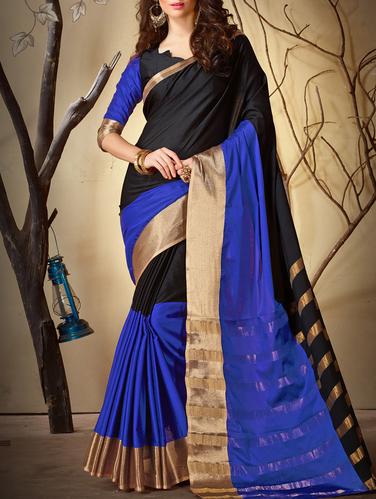 black cotton silk bordered saree with blouse - 15113989 - Very Small Image - 1