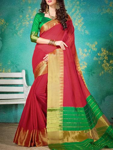 red cotton silk bordered saree with blouse - 15113991 - Very Small Image - 1