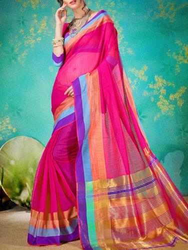 pink cotton silk bordered saree with blouse - 15113995 - Very Small Image - 1