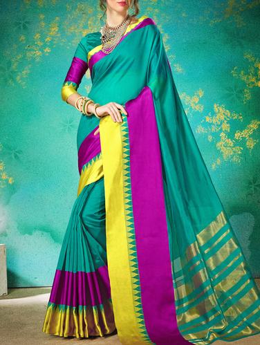 turquoise cotton silk bordered saree with blouse - 15113996 - Very Small Image - 1