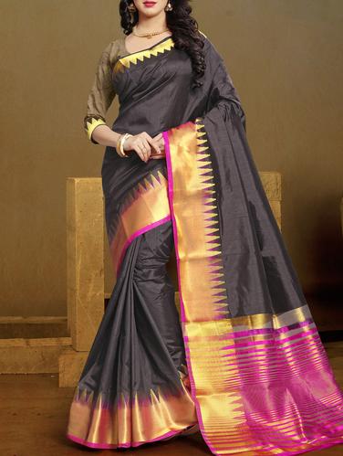 black cotton silk bordered saree with blouse - 15114010 - Very Small Image - 1