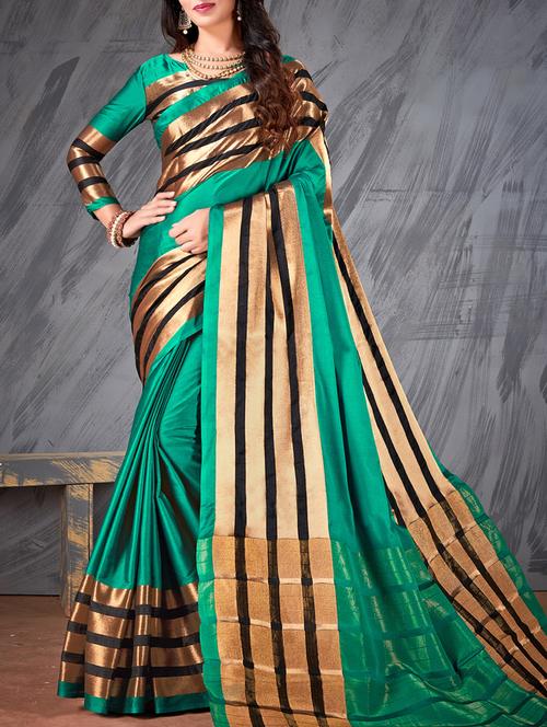 turquoise cotton silk bordered saree with blouse - 15114016 - Very Small Image - 1