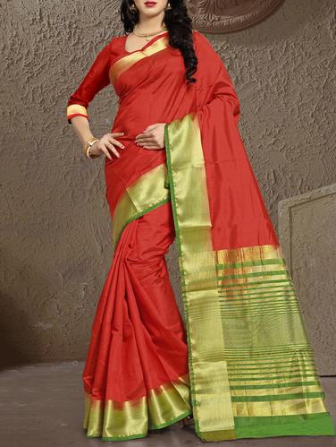 red cotton silk bordered saree with blouse - 15114018 - Very Small Image - 1