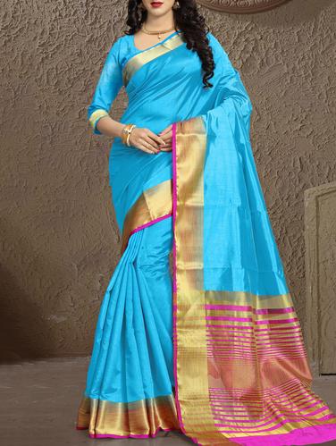 sky blue cotton silk bordered saree with blouse - 15114020 - Very Small Image - 1