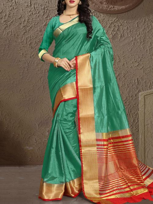 green cotton silk bordered saree with blouse - 15114021 - Very Small Image - 1