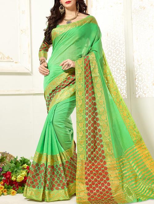 green cotton silk bordered saree with blouse - 15114024 - Very Small Image - 1