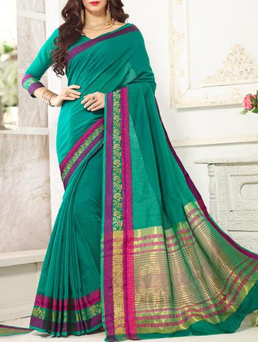 turquoise cotton silk bordered saree with blouse - 15114025 - Very Small Image - 1