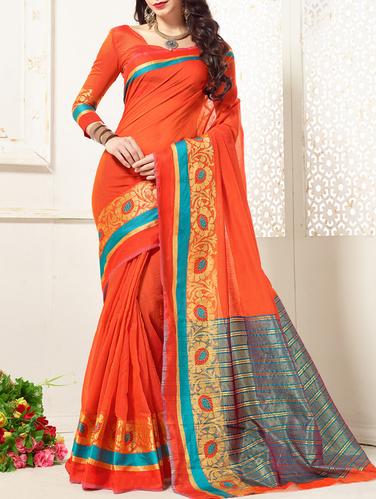 orange cotton silk bordered saree with blouse - 15114026 - Very Small Image - 1