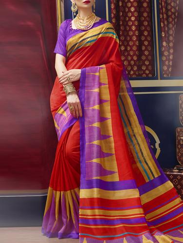 red cotton blend bhagalpuri saree with blouse - 15114052 - Very Small Image - 1