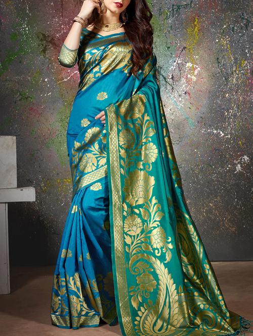 turquoise cotton silk banarasi saree with blouse - 15114076 - Very Small Image - 1