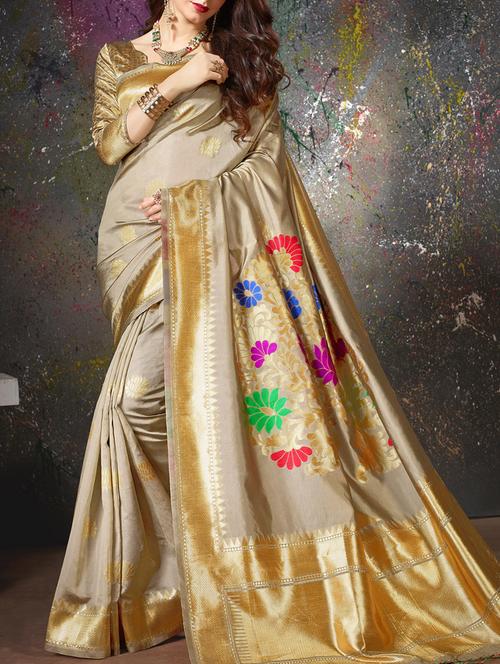 beige cotton silk banarasi saree with blouse - 15114080 - Very Small Image - 1