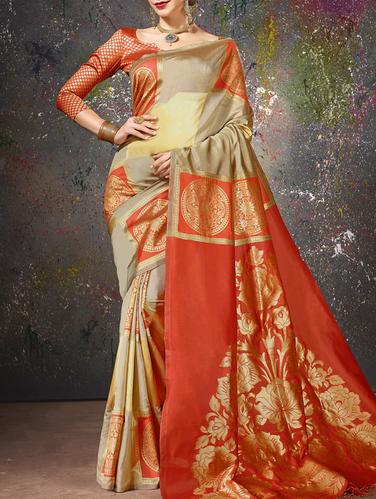 beige cotton silk banarasi saree with blouse - 15114082 - Very Small Image - 1