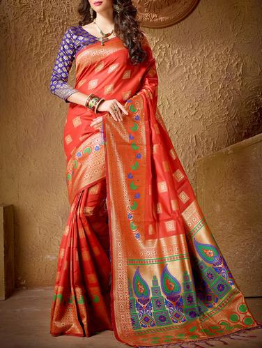 red cotton silk banarasi saree with blouse - 15114085 - Very Small Image - 1