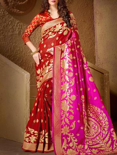 red cotton silk banarasi saree with blouse - 15114087 - Very Small Image - 1