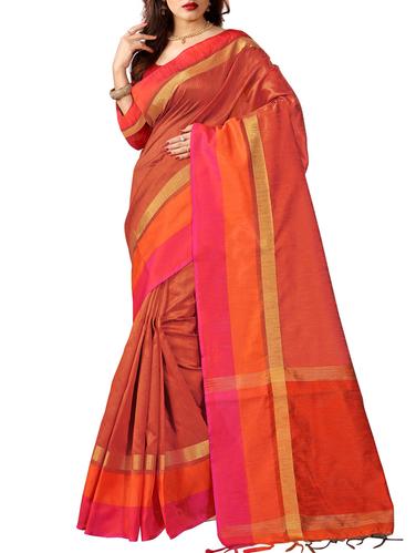 orange silk blend bordered saree with blouse - 15114094 - Very Small Image - 1