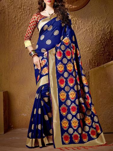 blue cotton silk banarasi saree with blouse - 15114159 - Very Small Image - 1