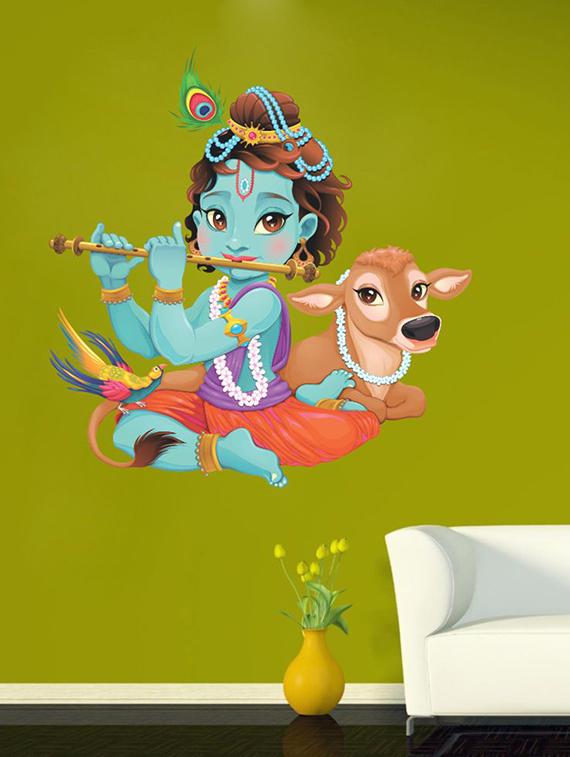 Lord Krishna flute playing with cow Wall Sticker - 15114240 - Zoom Image - 1