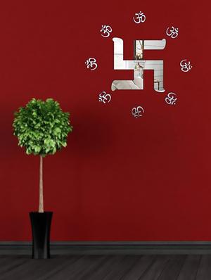 Swastik Om Silver Acrylic Mirror Sticker - 15114470 - Standard Image - 1
