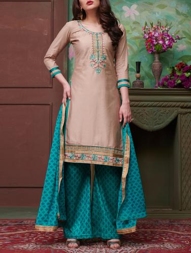 Beige embroidered unstitched plazzo suit - 15114637 - Very Small Image - 1