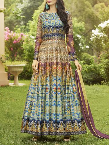 blue printed unstitched flared suit - 15114923 - Very Small Image - 1
