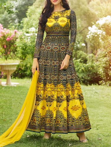 Yellow printed unstitched flared suit - 15114924 - Very Small Image - 1