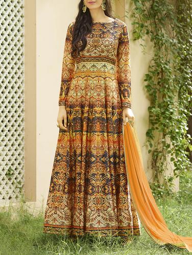 Orange printed unstitched flared suit - 15114925 - Very Small Image - 1