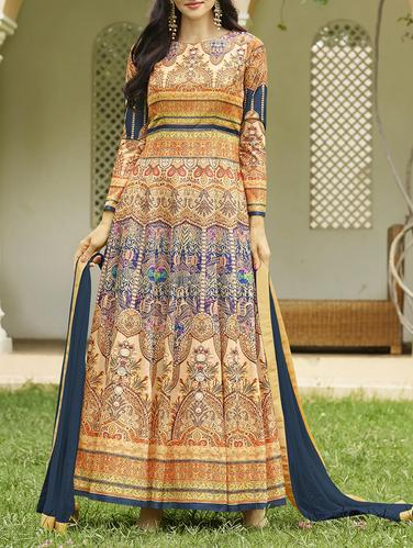 Cream printed unstitched flared suit - 15114926 - Very Small Image - 1