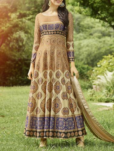 Beige printed unstitched flared suit - 15114927 - Very Small Image - 1