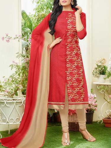 Red printed unstitched churidaar suit - 15114938 - Very Small Image - 1