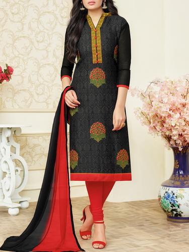 Black embroidered unstitched churidaar suit - 15114943 - Very Small Image - 1
