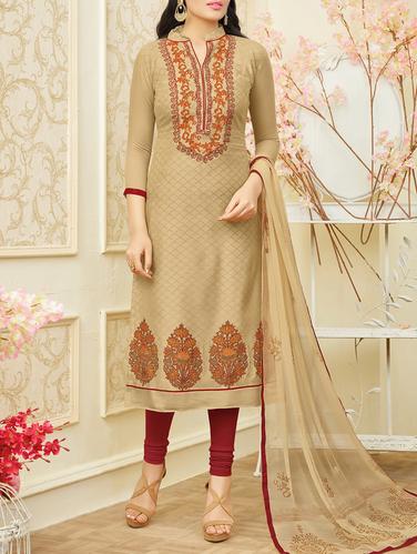 beige embroidered unstitched churidaar suit - 15114945 - Very Small Image - 1