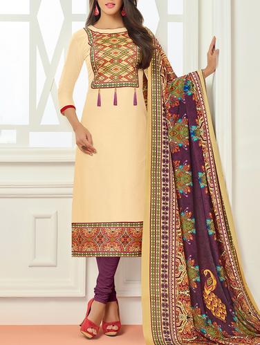 Cream cotton unstitched churidaar suit - 15114947 - Very Small Image - 1