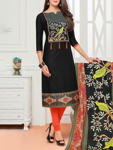 Black cotton unstitched churidaar suit - 15114948 - Very Small Image - 1