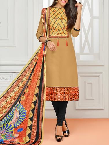 Beige cotton unstitched churidaar suit - 15114949 - Very Small Image - 1