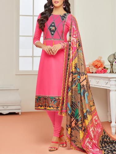 Pink cotton unstitched churidaar suit - 15114951 - Very Small Image - 1