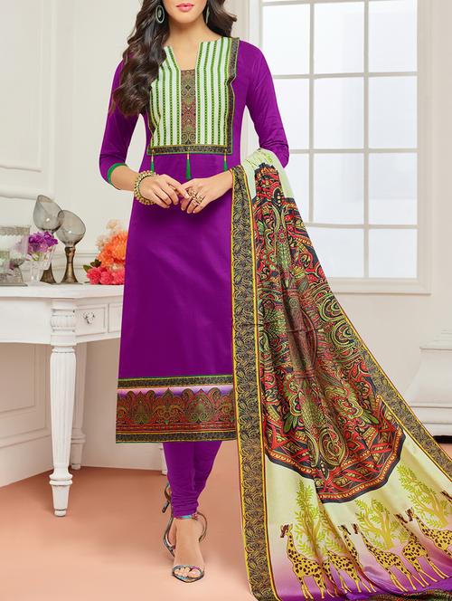 Purple cotton unstitched churidaar suit - 15114952 - Very Small Image - 1