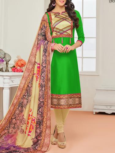 Green cotton unstitched churidaar suit - 15114953 - Very Small Image - 1
