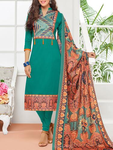 Green cotton unstitched churidaar suit - 15114955 - Very Small Image - 1