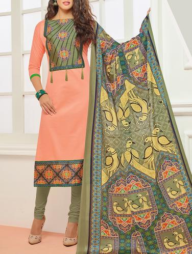 Peach cotton unstitched churidaar suit - 15114956 - Very Small Image - 1