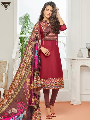 Maroon cotton unstitched churidaar suit - 15114957 - Very Small Image - 1