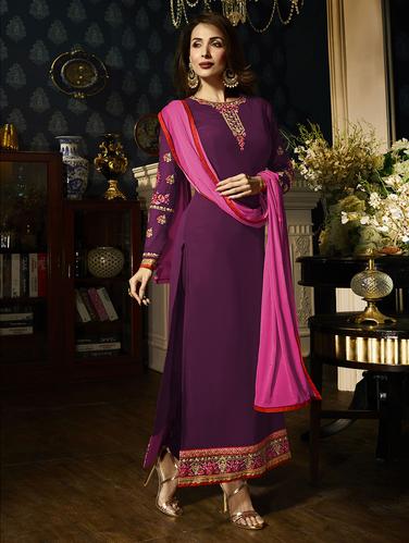 Purple embroidered unstitched straight suit - 15114966 - Very Small Image - 1