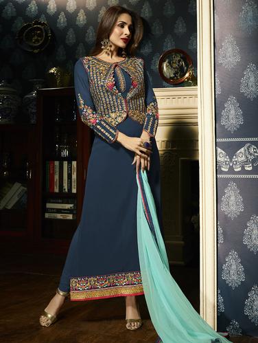 Blue embroidered unstitched churidaar suit - 15114967 - Very Small Image - 1