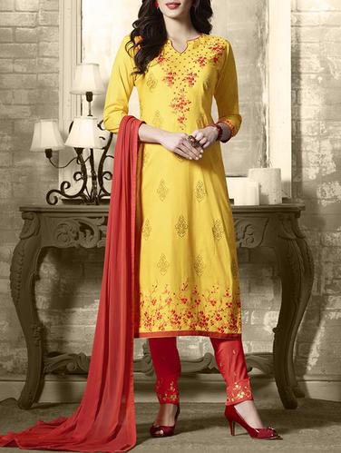 yellow embroidered unstitched straight pant suit - 15114974 - Very Small Image - 1