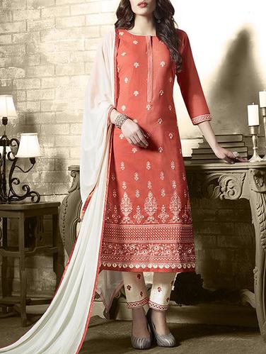 Orange embroidered unstitched straight pant suit - 15114976 - Very Small Image - 1