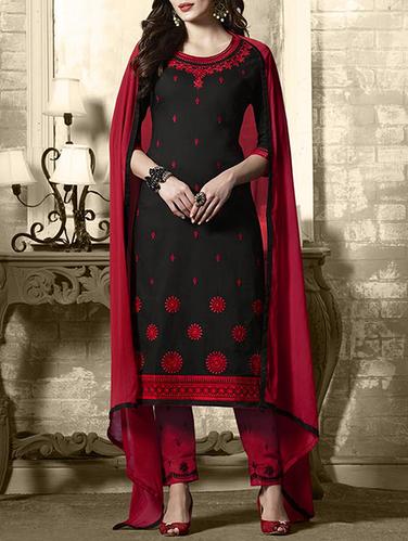 Black embroidered unstitched straight pant suit - 15114977 - Very Small Image - 1