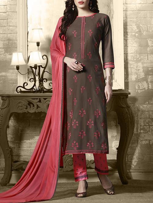Brown embroidered unstitched straight pant suit - 15114980 - Very Small Image - 1