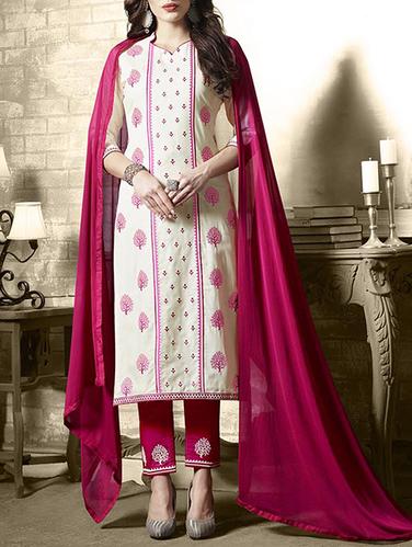 White embroidered unstitched straight pant suit - 15114981 - Very Small Image - 1
