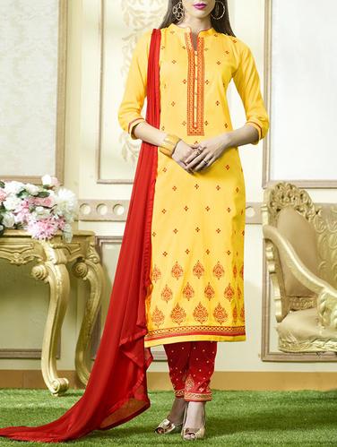 Yellow embroidered unstitched straight pant suit - 15114985 - Very Small Image - 1