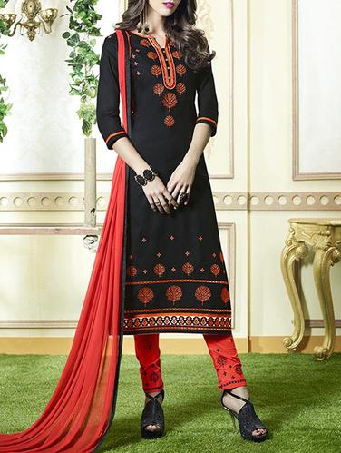 Black embroidered unstitched straight pant suit - 15114986 - Very Small Image - 1